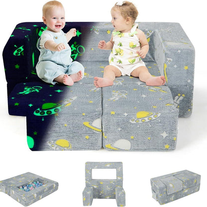 Kinderfauteuil – Kinderbank – Kindersofa – Speelbank – 4-in-1 Met 2 Poefjes – Gloeit In Het Donker – Afneembare Wasbare Hoezen