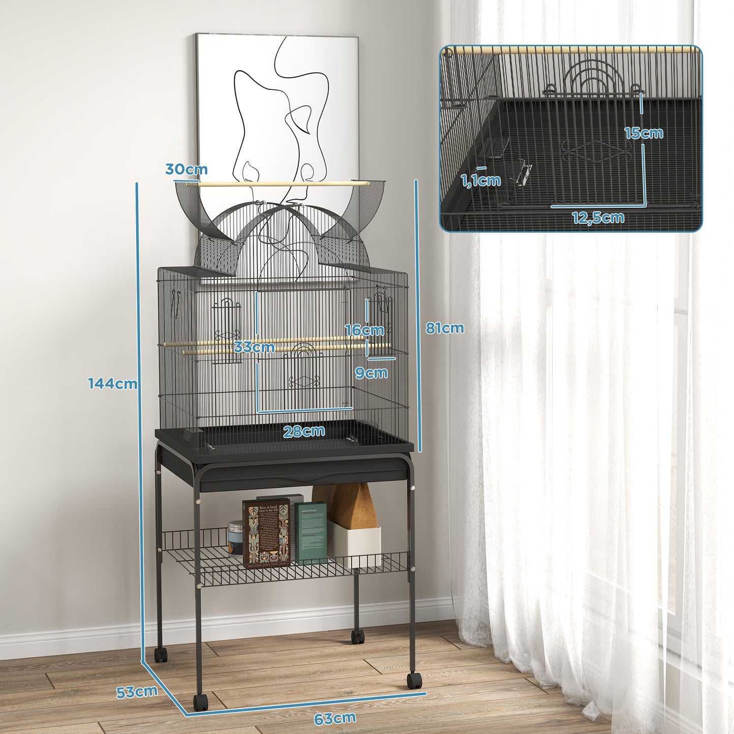 Vogelkooi – Parkietenkooi – Kanariekooi – Papegaaienkooi – Volière – Stalen Kooi – Wieltjes met Remmen – Uitneembare Lade 63x53x144 cm Zwart