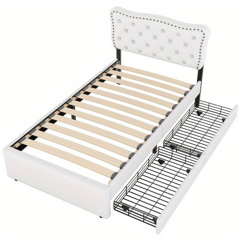 Gepolsterd Bed – Eénpersoonsbed – Slaapbed – Bedframe – Boxspring – Lichtbeige – 90x200 cm – Decoratieve Nagels – Dubbele Lade-opslag