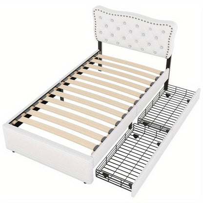 Gepolsterd Bed – Eénpersoonsbed – Slaapbed – Bedframe – Boxspring – Lichtbeige – 90x200 cm – Decoratieve Nagels – Dubbele Lade-opslag