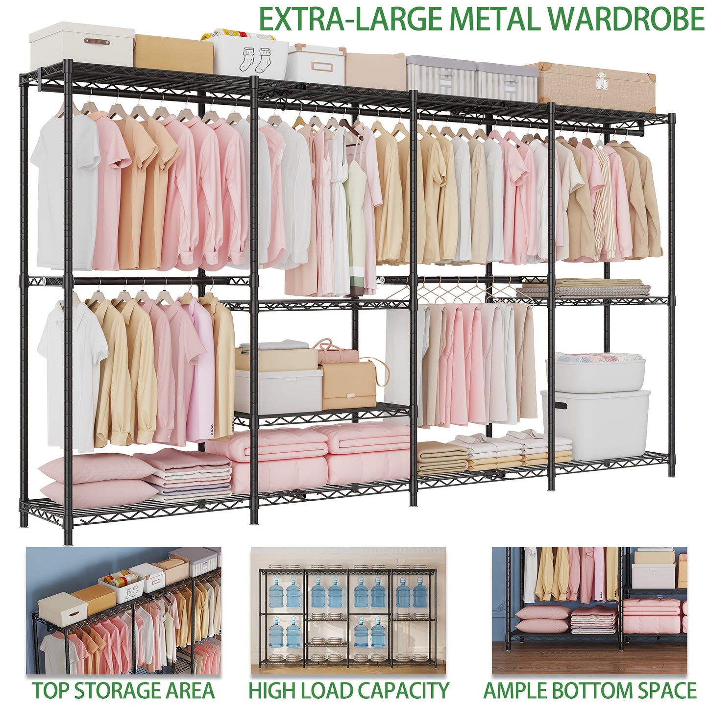 Kledingrek Heavy Duty – Garderobekast – Kledingorganizer – Stellingkast – Kledinghanger – Extra Groot 4 Kolommen 4 Lagen – Modulaire Carbon Stalen Frame – 498,95 KG Draagvermogen – 11 Planken Met Afdekhoes