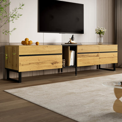 Modern TV Base Unit 180cm, featuring a lift-up storage compartment, open shelving and double doors. This minimalist TV cabinet serves as a versatile storage solution for dining, television and living room use, offering ample