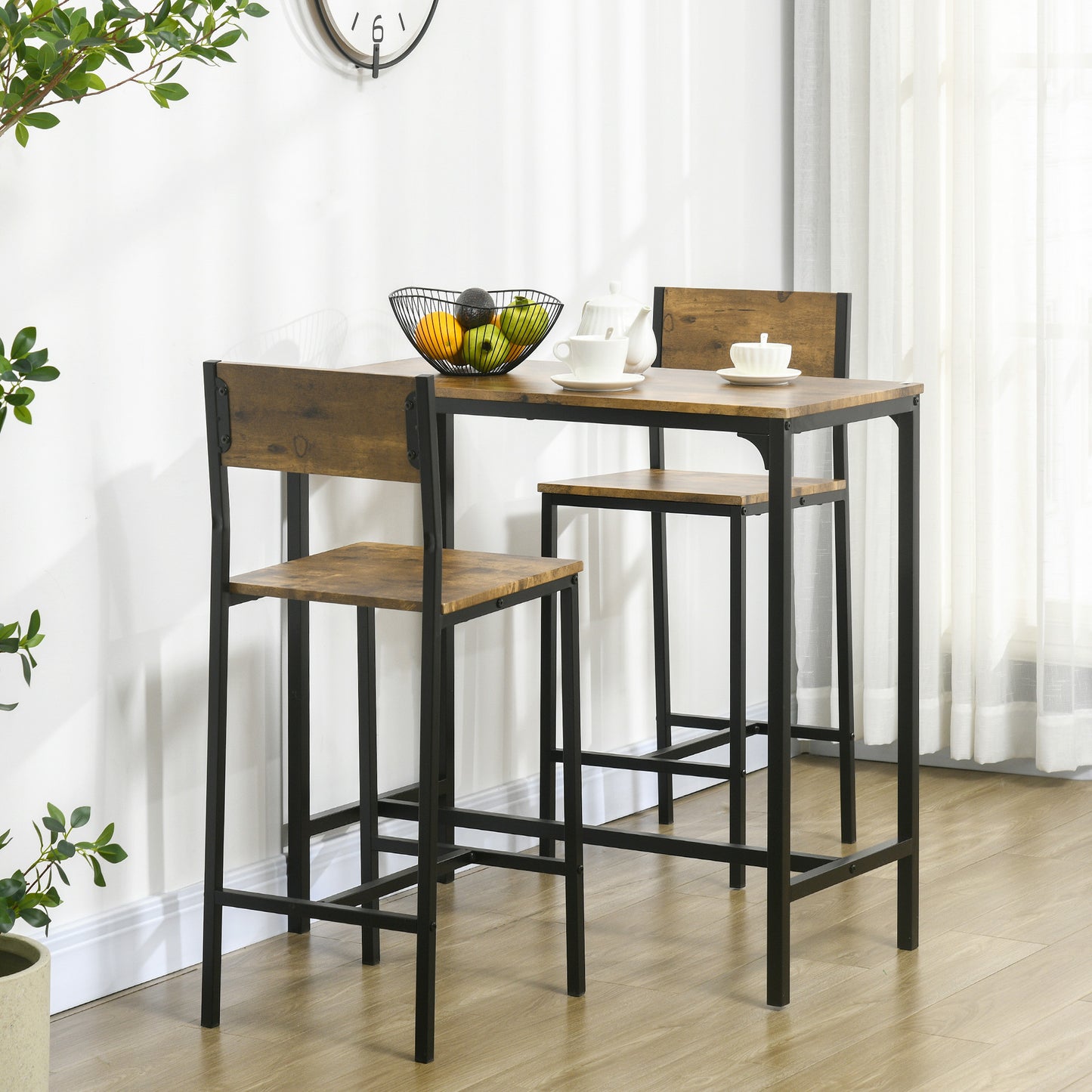 Barkrukken – Barstoelen – Barstoelen Met Rugleuning – Keukenstoelen – Statafel – Metaal – Waterbestendig – 3-delige Barset Rustiek Bruin