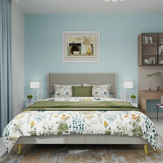 Modern Minimalist Upholstered Bed Frame with Plush Headboard - Queen/King Size (140x200cm), Beige Low-Profile Non-Storage Base, No Box Spring/European Mattress Compatible, Easy Assembly, Durable Non-Wood (Mattress Not Include