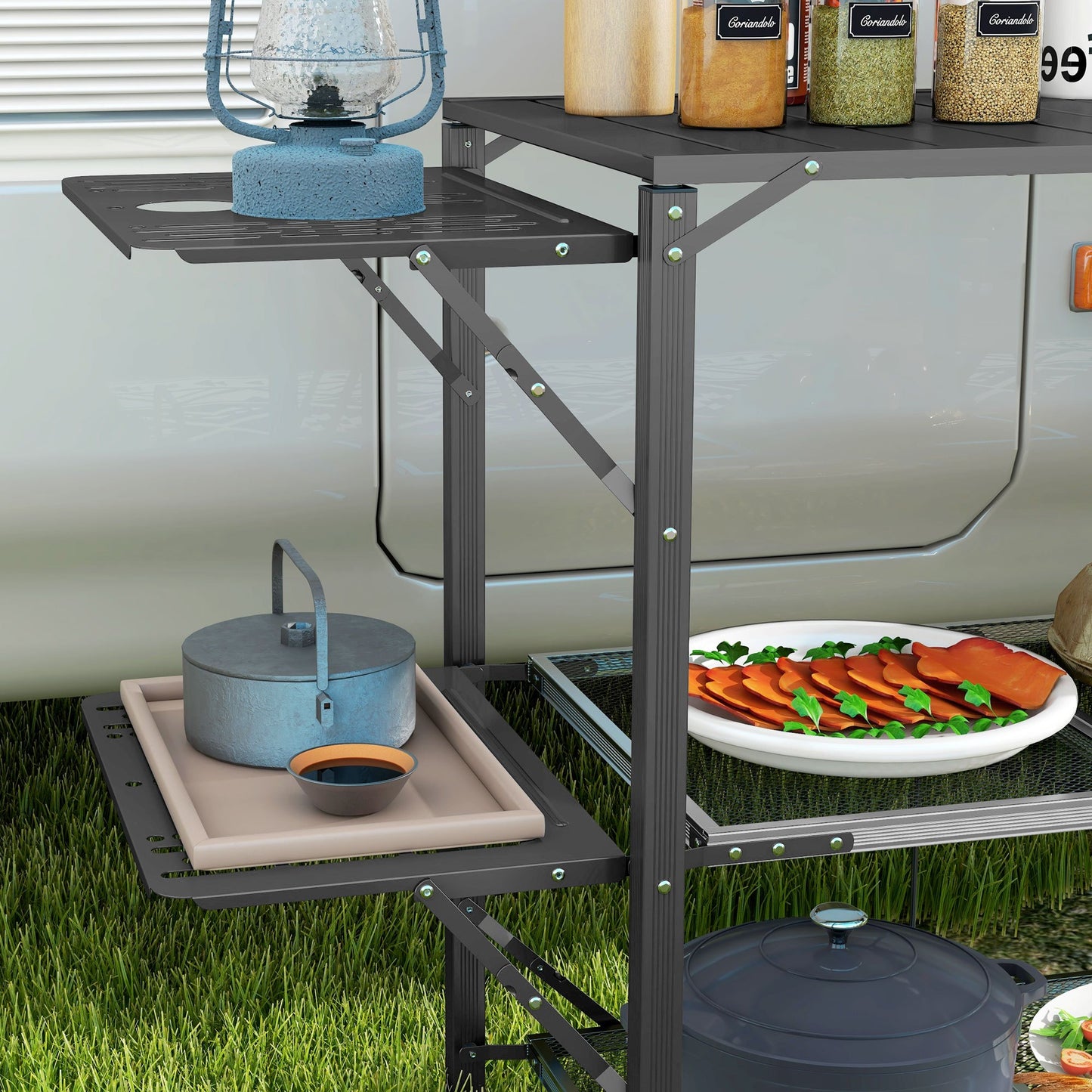 Campingtafel – Kampeertafel – Opvouwbare Tafel – Outdoor Tafel – Picknicktafel – Stalen Frame – Aluminium Blad – Met Opbergrekken – Inclusief Draagtas – 126x46x81 cm