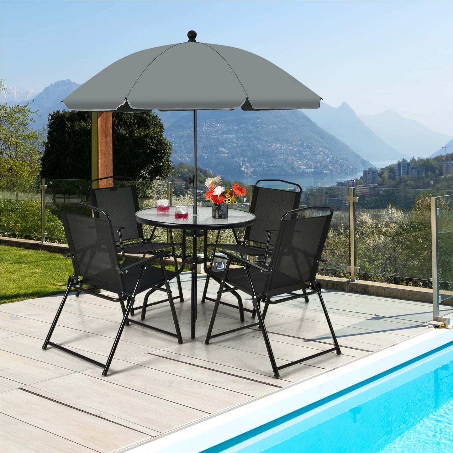 6-delige Tuinset – Tuinmeubelset – Balkonset – Buitenset – Lounge Set – Inklapbare Stoelen – Tafel Met Gehard Glas – Grote Kantelbare Parasol 180 cm – Zwart + Grijs