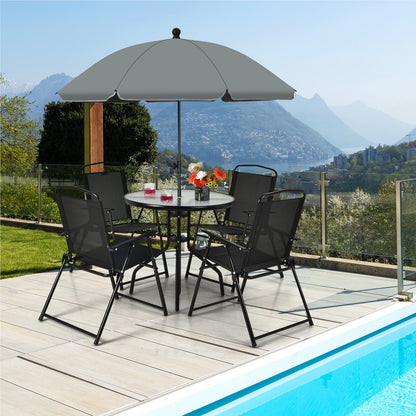 6-delige Tuinset – Tuinmeubelset – Balkonset – Buitenset – Lounge Set – Inklapbare Stoelen – Tafel Met Gehard Glas – Grote Kantelbare Parasol 180 cm – Zwart + Grijs