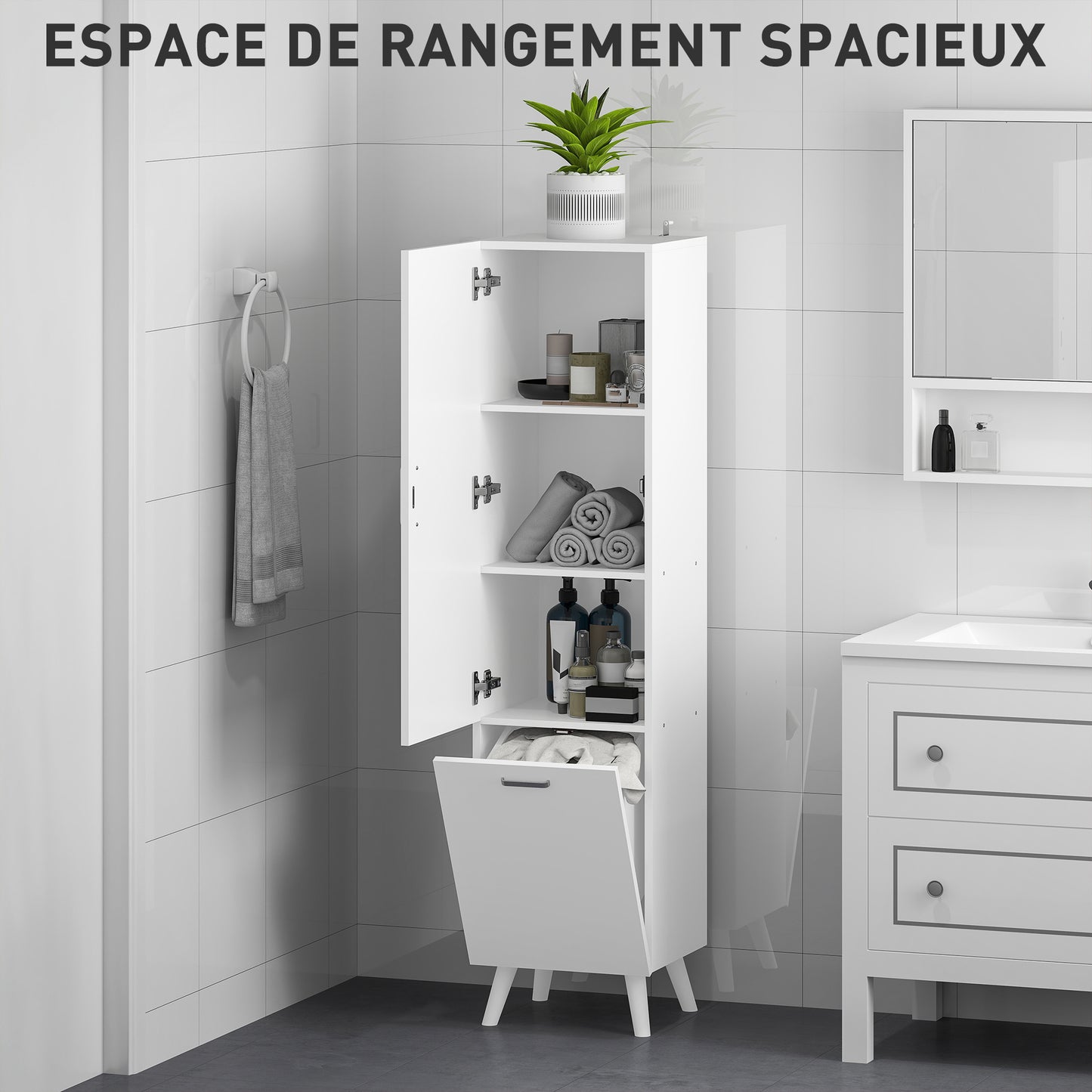 Badkamerkolomkast – Opbergkast – Kolomkast – Kast Met Deur – Stijlvolle Badkamerkast – Wit – 35x31,5x144 cm – Met Kantelbare Wasmand – Anti-Kantel Systeem