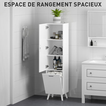 Badkamerkolomkast – Opbergkast – Kolomkast – Kast Met Deur – Stijlvolle Badkamerkast – Wit – 35x31,5x144 cm – Met Kantelbare Wasmand – Anti-Kantel Systeem