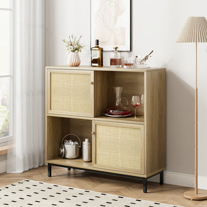 Opbergkast – Kubuskast – Boekenkast – Vakkenkast – Schuifdeuren – Licht Eikenhout Look – Stevig Met Vloermontage – Compact 101x30x94 cm