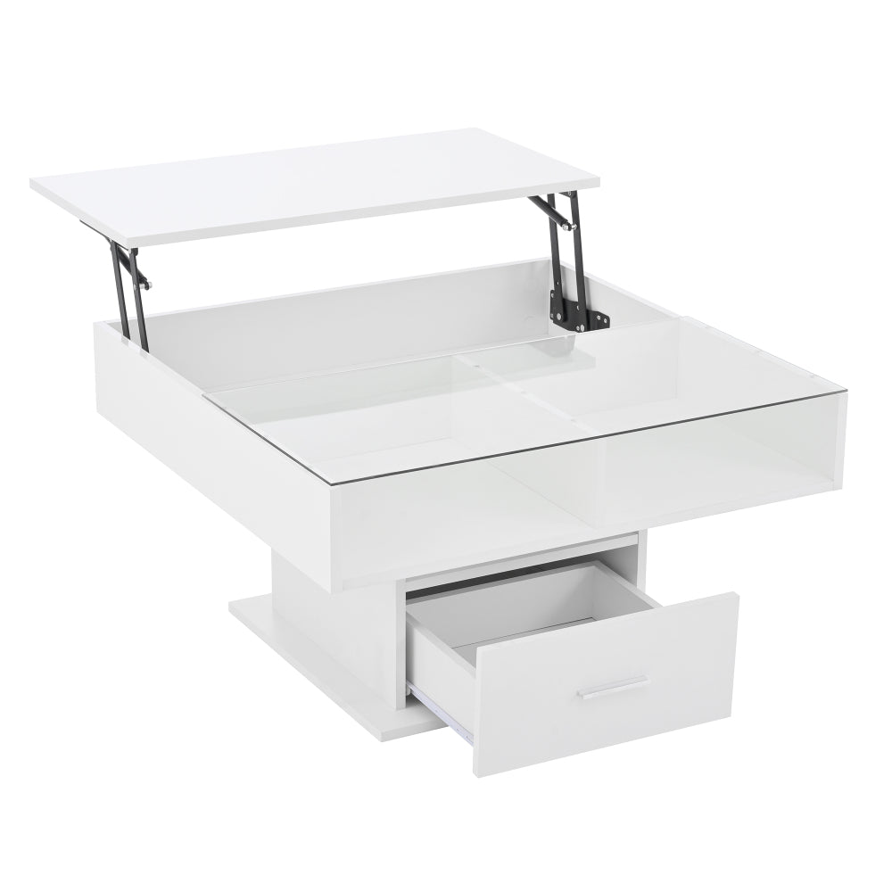 Moderne Salontafel – Lift-Top Tafel – Verstelbare Koffietafel – Opbergbank – Witte Hoogglans Tafel – Ruimtebesparend Ontwerp – Verstelbare Hoogte en Duurzaam Mechanisme