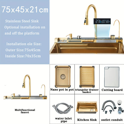 Keukenspoelbak – Spoelbak Werkstation – Inbouw Spoelbak – RVS Spoelbak – Enkele Kom Spoelbak – Brushed Golden Afwerking – Verzonken Waterval Ontwerp