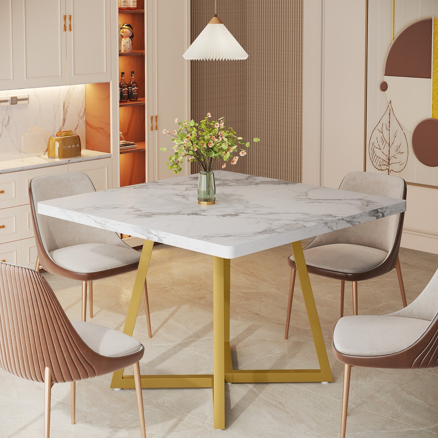 Vierkante Eettafel – Tafel – Eetkamertafel – Compacte Tafel – Keukentafel – Wit Gouden Marmerlook – 80x80 cm – Stabiel Metalen Onderstel