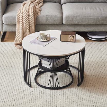 Salontafelset – Salontafels – Bijzettafels – Koffietafel – Woonkamertafel – Modern Design – Hoogglans Marmerlook – Set van 2 Ronde Tafels – Zwart Metalen Frame – Eenvoudige Montage
