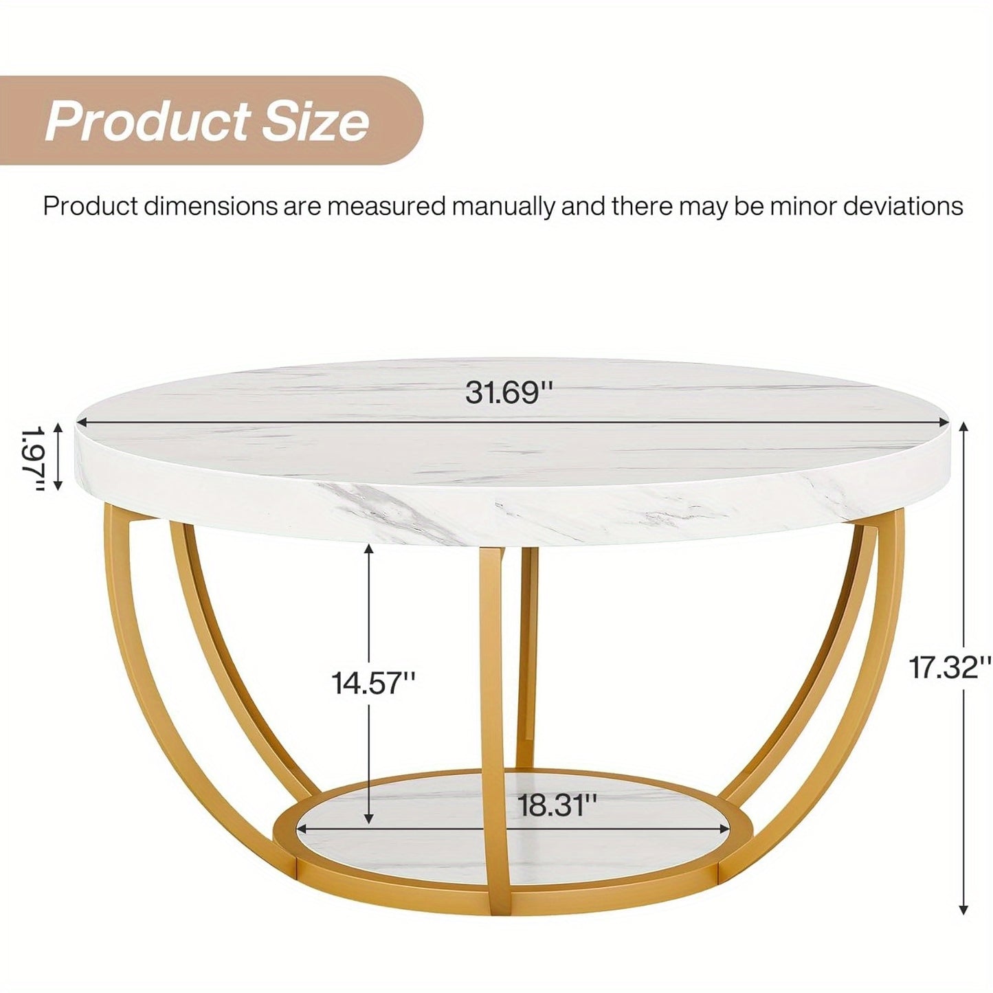 Salontafel – Koffietafel – Woonkamertafel – Bijzettafel – Tafel – Modern – Ronde 2-laags – Wit marmerlook MDF blad – Gouden metalen poten