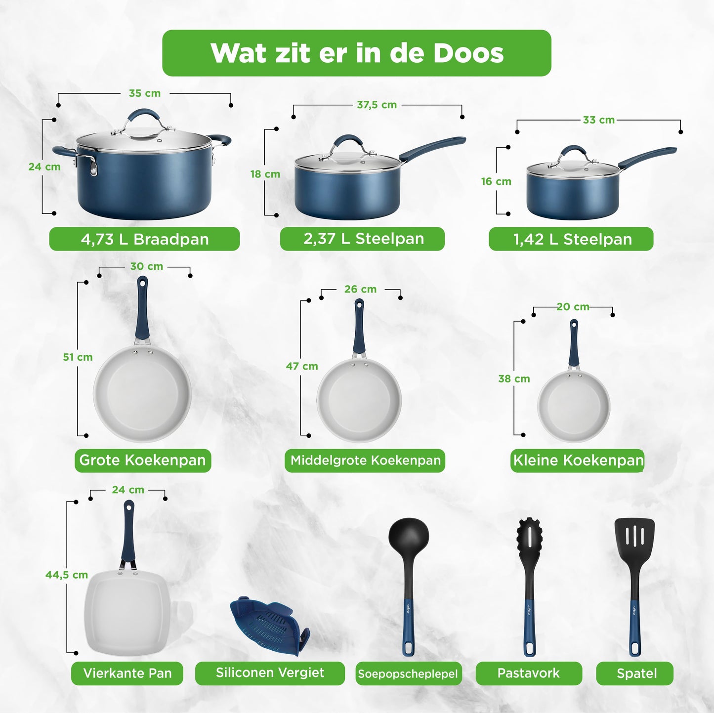 Pannenset – Kookset – Keukenset – Kookpannen – Bakvormen – 20-delig – Inductiegeschikt – Duurzame Antiaanbaklaag – Koel Blijvende Handgrepen – Navy