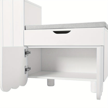 Modern 3-Door White Metal Shoe Cabinet with Drawers & Seat - Space-Saving Entryway Storage, 3.2+ Cubic Feet Capacity, 68.58cm Height - Stylish Bench for Hallways, Entrances & Closets, Shoe Storage Cabinet, Contemporary Furnit