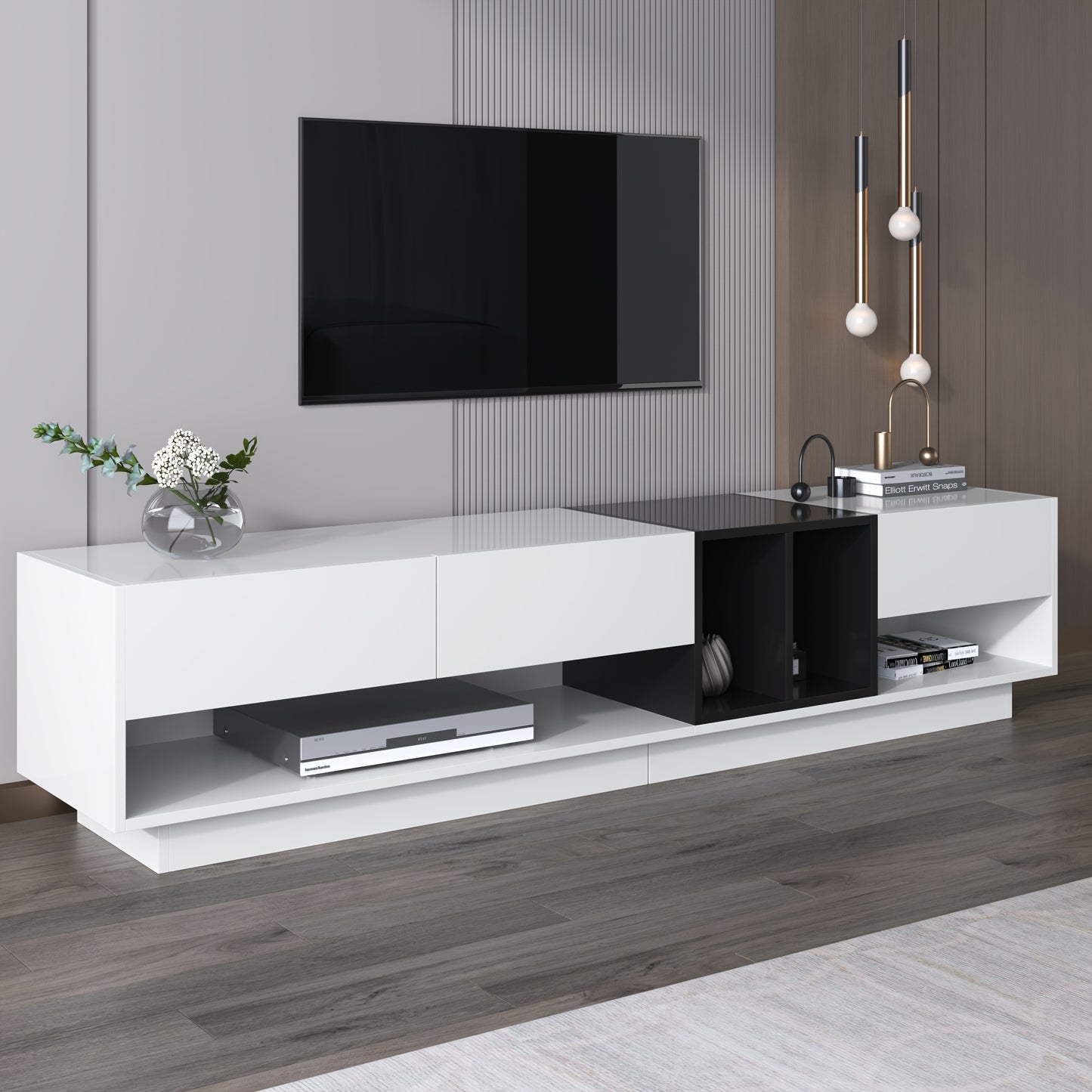 TV Cabinet, Entertainment Cabinet, Low Cabinet, White and Black High Gloss Combination. Colour blocking design, drawers, compartments, multiple storage spaces, 190*40*34 cm