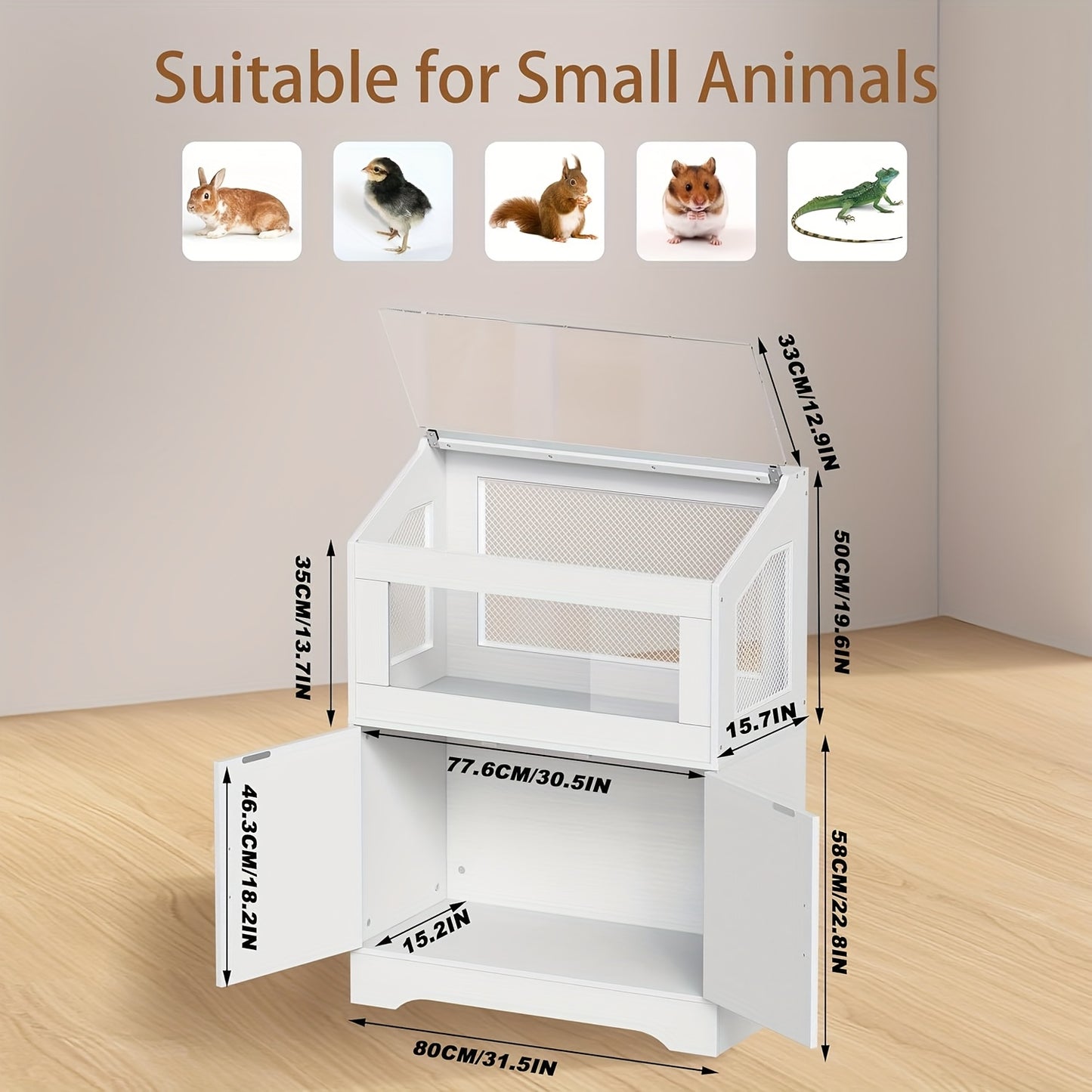 Hamsterkooi – Knaagdierenkooi – Konijnenkooi – Dierenkooi – Huisdierkooi – Hout Met IJzeren Gaas – Ruime Opbergruimte – Goede Ventilatie - 80 x 40 x 108 cm - Wit