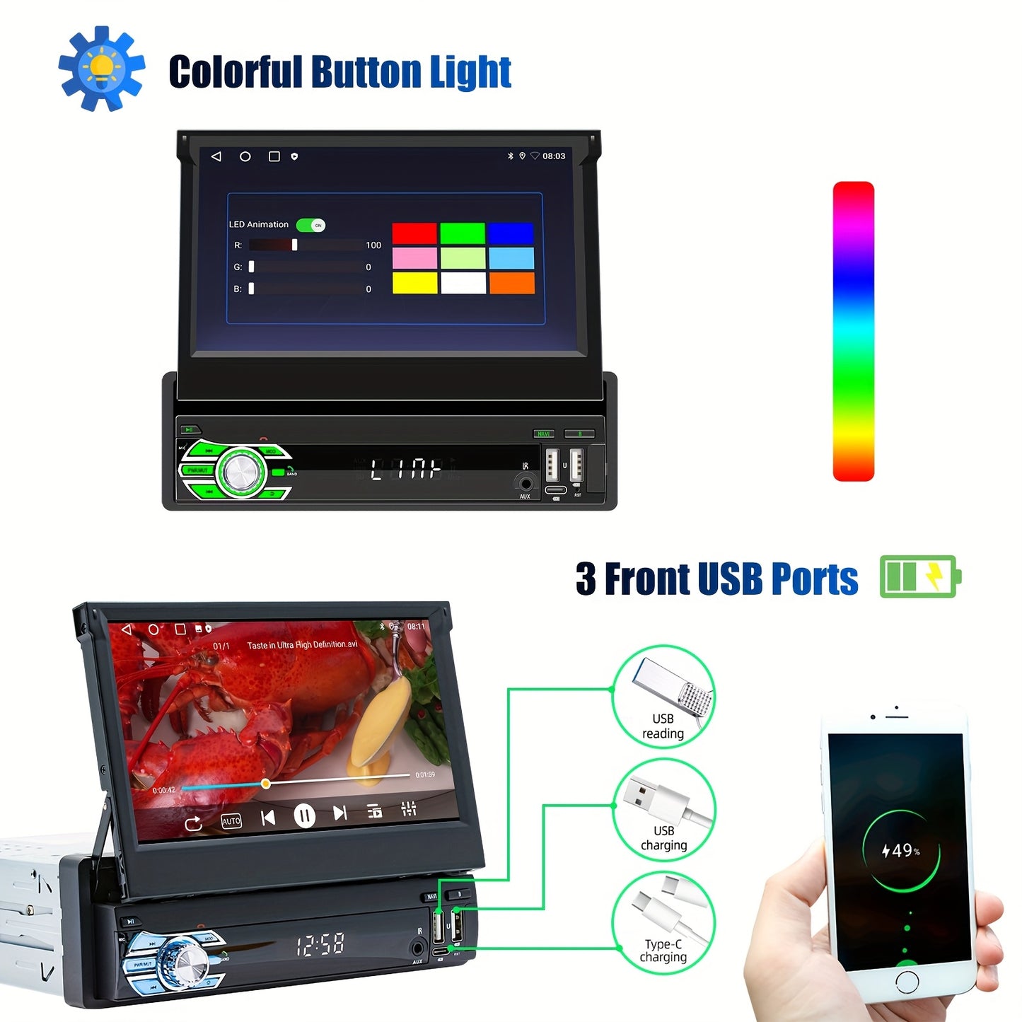 Android Autoradio – 1 DIN Multimedia Speler – Auto Radio Navigatie – Inbouw Radio – Autoradio Met Uitklapscherm – 7 Inch HD Touchscreen – AHD Achteruitrijcamera & Draadloze Connectiviteit