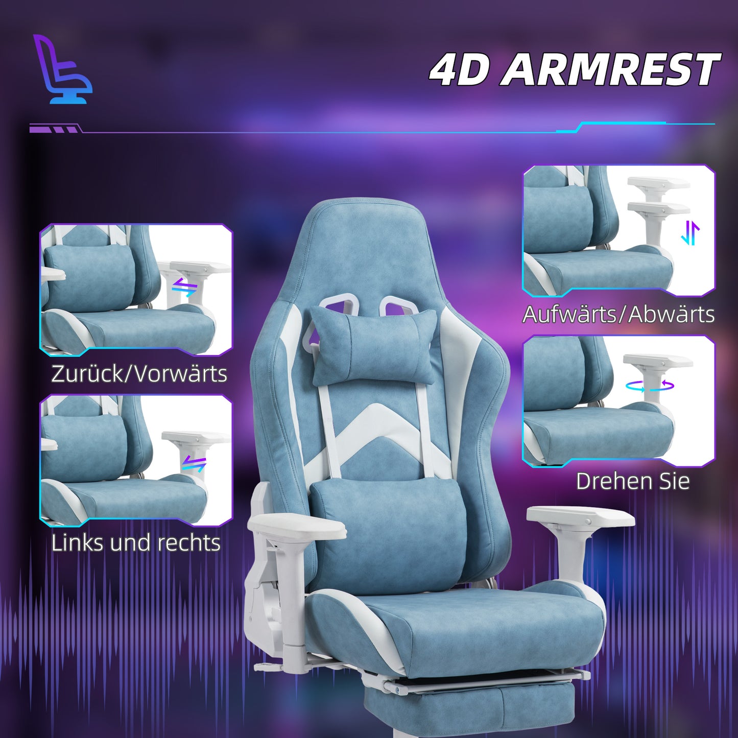 Gamingstoel – Gamestoel – Gaming Chair – Game Stoel – Bureaustoel – Ergonomisch – Verstelbaar – Kunstleer – Met Voetsteun – 150° Kantelbaar – Blauw – 360° Draaibaar – Armleuningen Verstelbaar