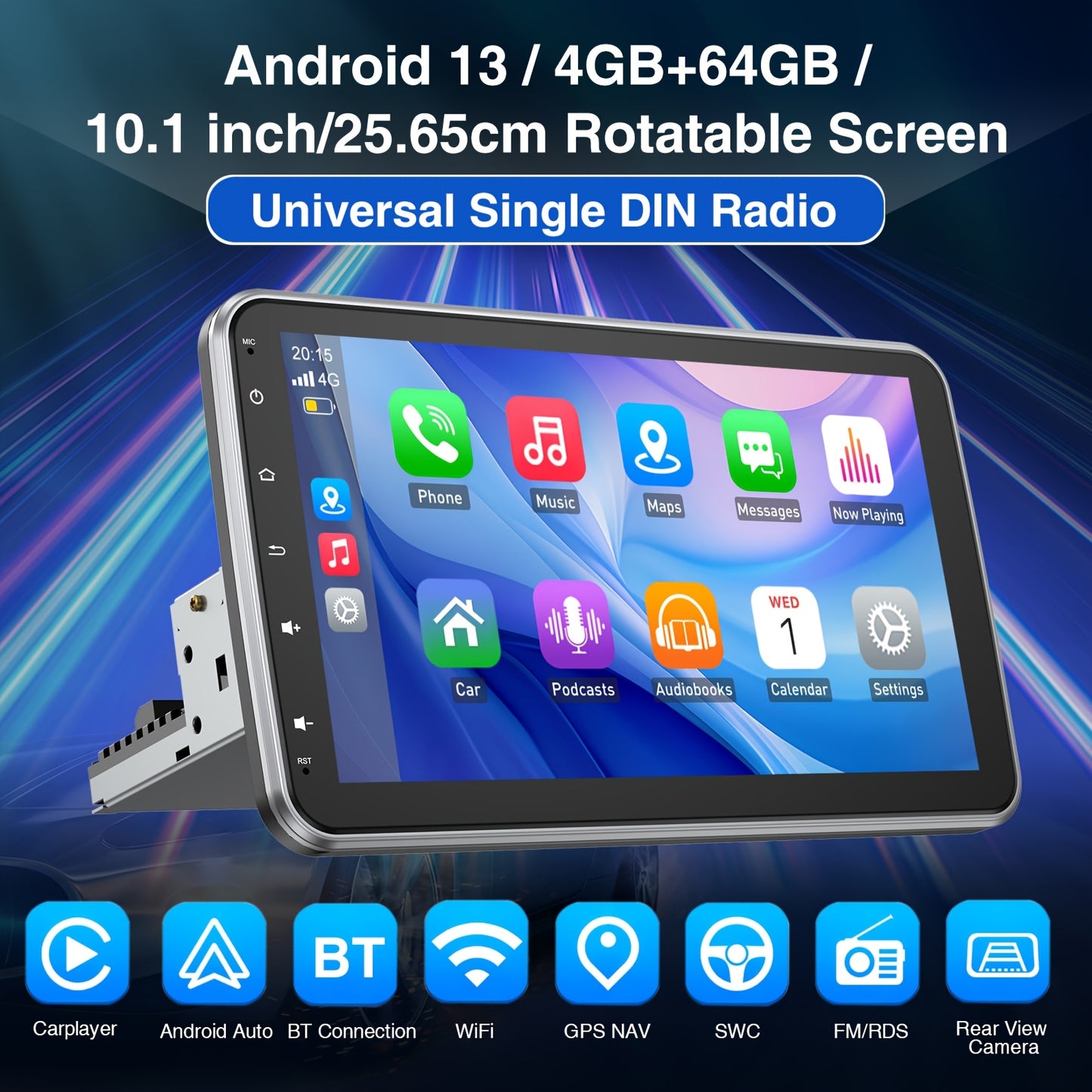 Autoradio Single DIN – Navigatiesysteem – Multimedia Speler – Carplay Radio – Bluetooth Autoradio Met Microfoon – 10,1 Inch Draaischerm – Android 13 Snelheid
