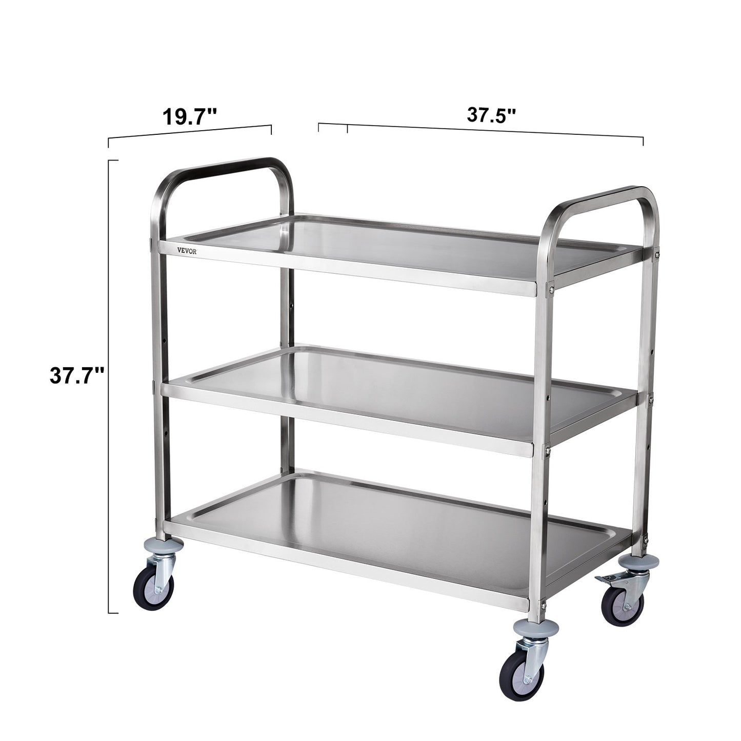 3-laags RVS Opberghulpwagen – Opbergwagen – Werkplaatskar – Servicetrolley – Transportkar – Roestvrij Staal – Draagvermogen 204 kg – Verstelbare Planken & Geruisloze Zwenkwielen