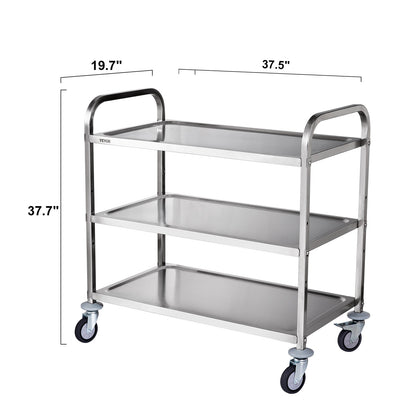 3-laags RVS Opberghulpwagen – Opbergwagen – Werkplaatskar – Servicetrolley – Transportkar – Roestvrij Staal – Draagvermogen 204 kg – Verstelbare Planken & Geruisloze Zwenkwielen