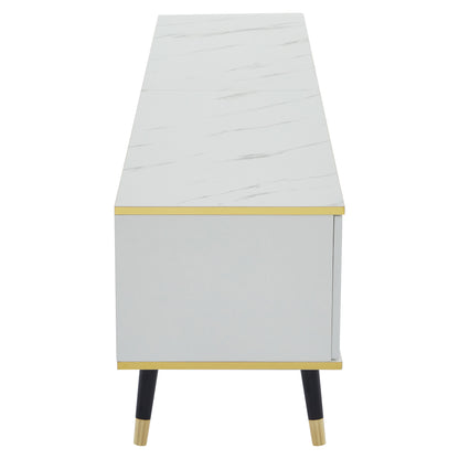 BTM Tv-Lowboard 200×40×46 Cm, Modern TV Board in White with Marble Optic, TV Table / TV Cabinet / TV Furniture for Tvs Up to 90 Inches, Living Room Furniture with Doors, Drawer & Open Shelf