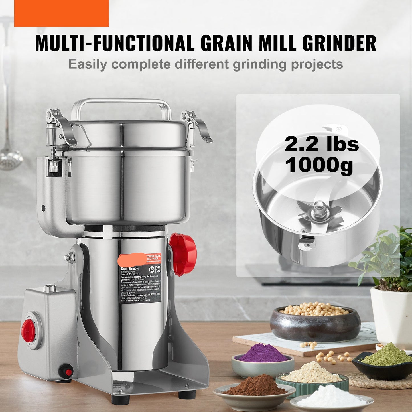 Elektrische Kruidenmaler – Specerijenmolen – Graanmaler – Meelmaker – Droogmaler – 1000g Inhoud – 2400W Krachtige Motor