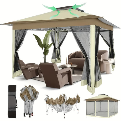 3.6*3.6m Outdoor Gazebo Pop Up Gazebo Canopy With Mosquito Netting Patio Gazebo Canopy Tent Backyard Canopy With 2-Tiered Vented Top 3 Adjustable Height And 144 Square Ft Of Shade