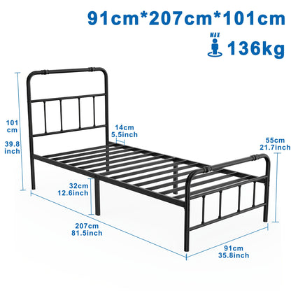 Bedframe – Metalen Bed – Stalen Bedframe – Tweepersoonsbed – Slaapkamerbed – 90x200 cm – Stevig Metalen Constructie – Inclusief Lattenbodem en Opbergruimte