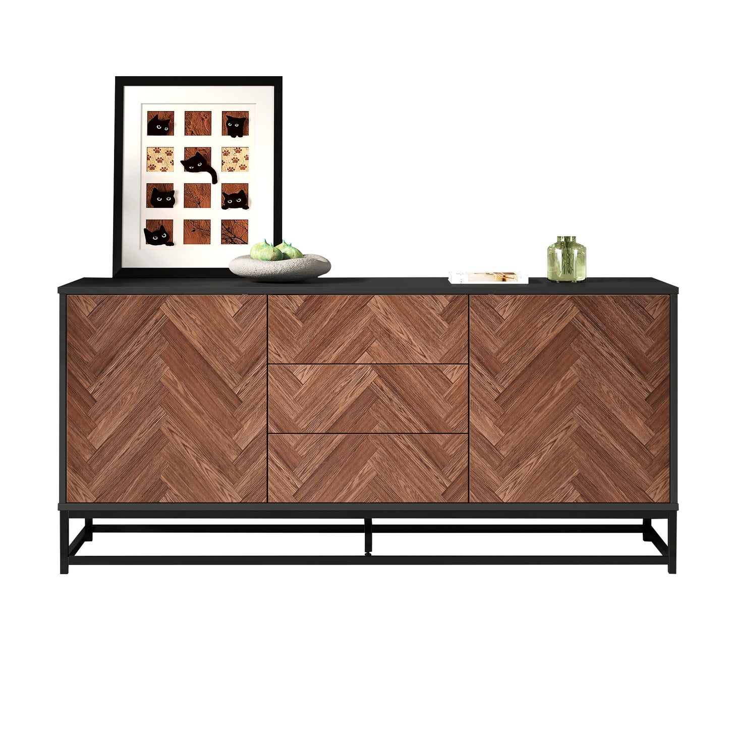 Sideboard – Dressoir – Opbergkast – Kast – Bufetkast – Modern Design – 145x40x67 cm – Zwarte Metalen Frame – Houten Look – 3 Lades – 2 Deuren – Verstelbare Binnenwanden – Stabiel – Onderhoudsvriendelijk