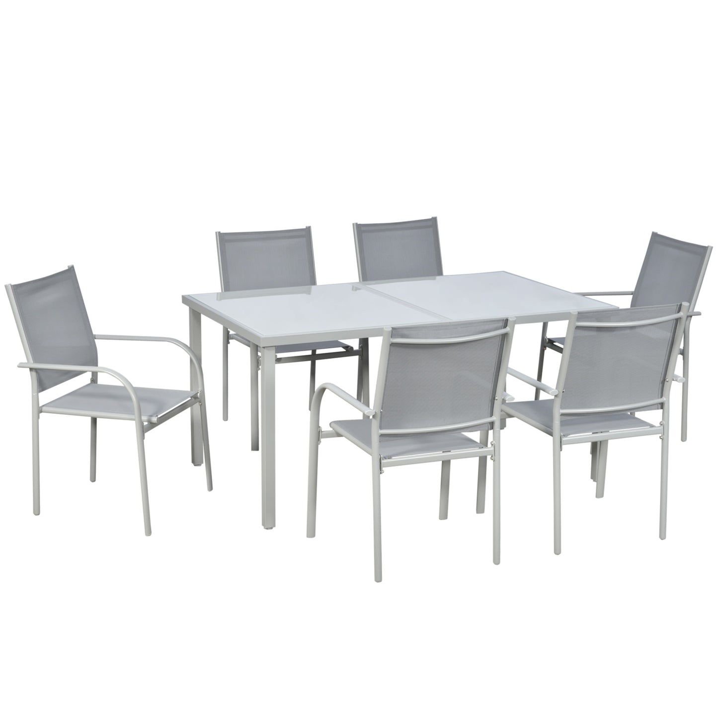 Tuinset – Tuinmeubel – Terrasset – Buitenmeubilair – 7-delig – Gepoedercoat Staal – Gehard Glas Blad – Stapelbare Stoelen – Grijs