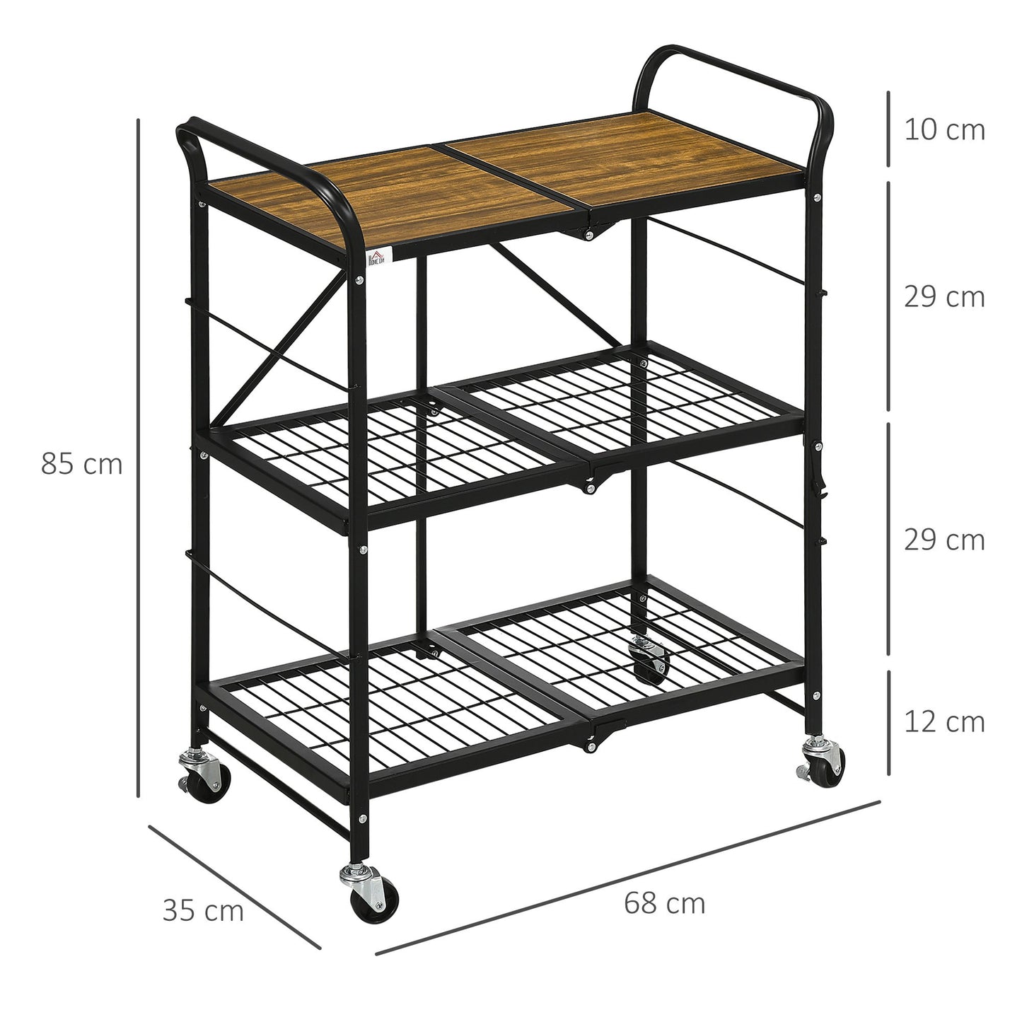 Keukentrolley – Serveerwagen – Opbergtrolley – Werktafel – Mobiele Keukenkar – Industrieel Design – 3 Ruime Planken – Inklapbaar Met 4 Draaibare Wieltjes – Bruin/Zwart