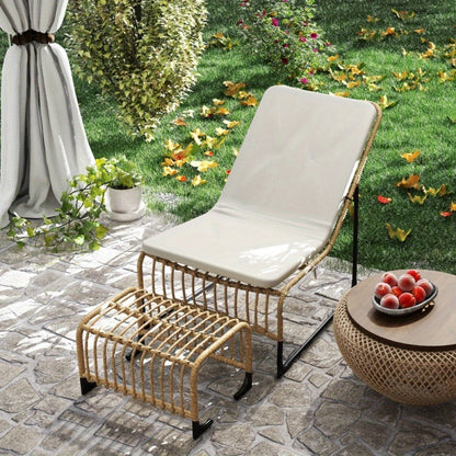 Tuinstoel – Rattan Stoel – Relaxstoel – Balkonstoel – Tuinfauteuil – UV-bestendig – Inclusief Verstelbaar Kussen en Voetenbank