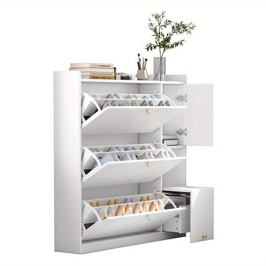 Schoenenkast – Schoenopberger – Schoenmeubel – Schoenrek – Schoenbank – Wit MDF – Kantelbare Lades en Opvouwbare Zitbank