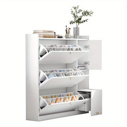 Schoenenkast – Schoenopberger – Schoenmeubel – Schoenrek – Schoenbank – Wit MDF – Kantelbare Lades en Opvouwbare Zitbank