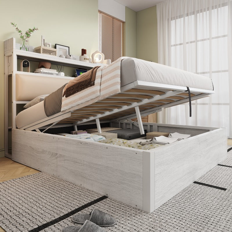 Metalen Bedframe – Beddenframe – Platformbed – Opbergbed – Hydraulisch Bed – 140x200 cm – Geïntegreerde Opbergruimte – Bekleed Hoofdbord