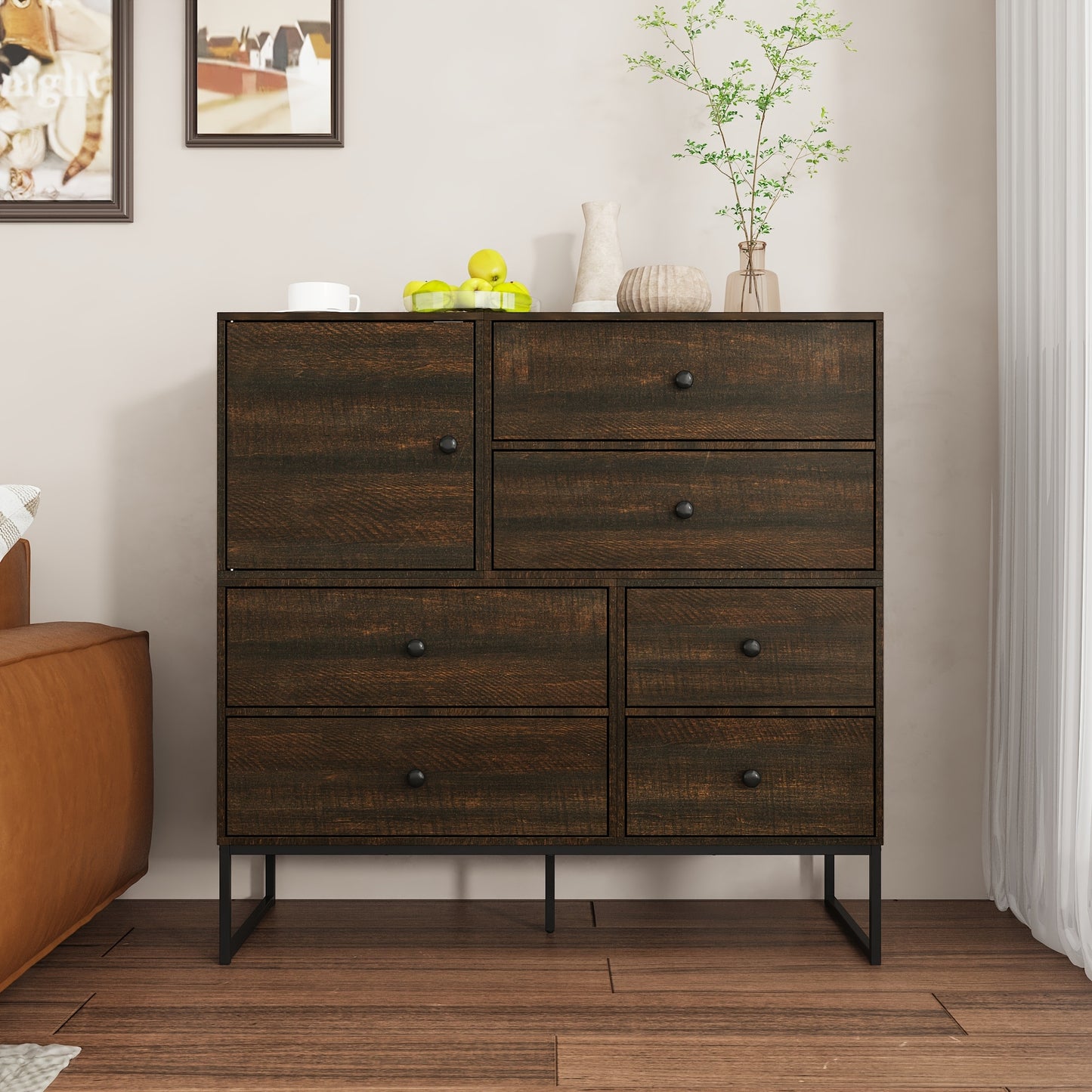 Ladekast – Ladenkast – Opbergkast – Dressoir – Commode – 6 Lades & 1 Deur – MDF Houtnerf – Compact Design 100x40x98 cm