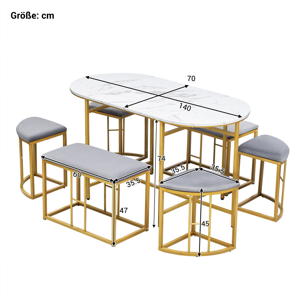 Eettafelset – Eethoek – Keukentafelset – Zitgroep – Tafeltje Met Krukken – Stalen Frame – Modern Wit Goud – 140x70x76 cm – Draaggewicht 120 kg
