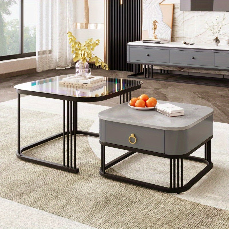 Salontafel – Koffietafel – Bijzettafel – Tafeltje – Side Table – Zwarte uitvoering – Set van 2 Stapelbare Tafels – Hoogglans Marmer Look – Lades en Glazen Blad