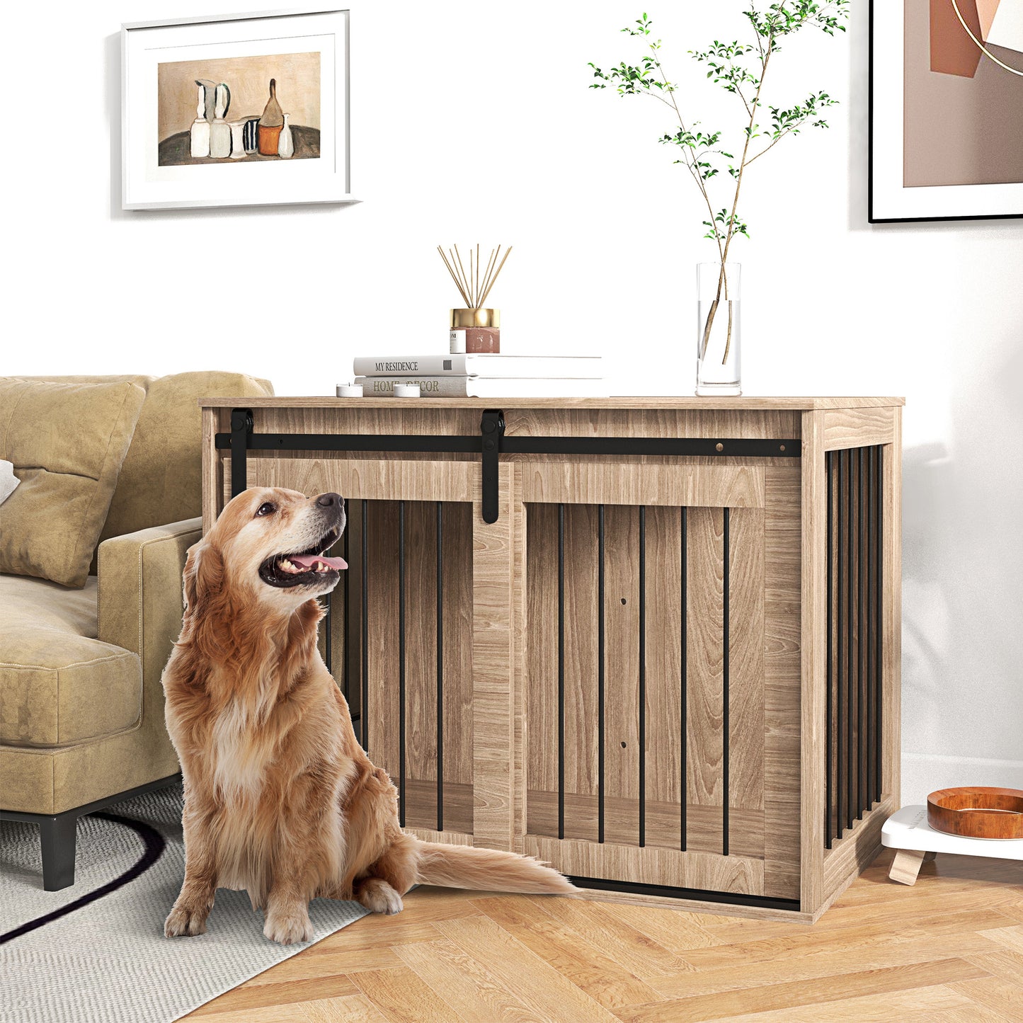 Hondenbench – Hondenkooi – Hondenhok – Dierenkooi – Benchkooi – Met Schuifdeur en Vergrendeling – Houtlook Notenhout Met Stalen Frame – 98x58x67 cm