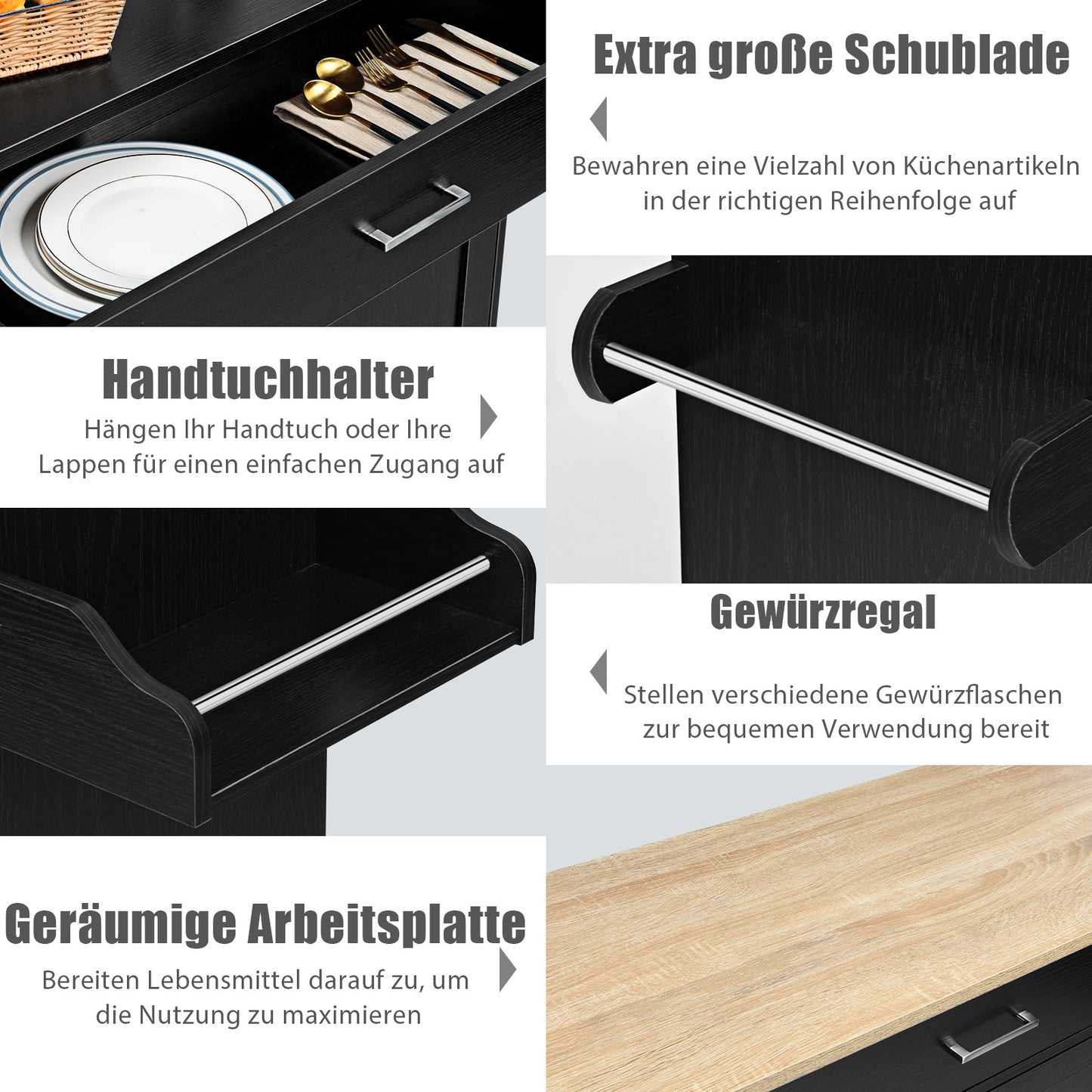 Keukentrolley – Serveerwagen – Keukenkast – Opbergtrolley – Keukenkar – Zwart – Met Handdoekhouder en Kruidenrek – Verstelbare Plank en Lade