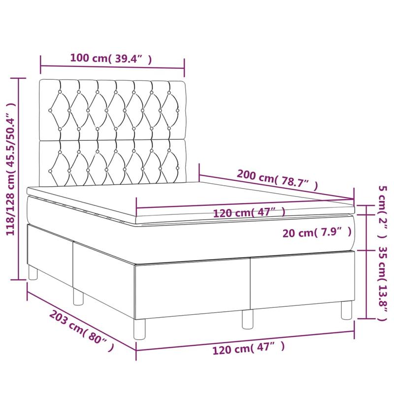 Boxspringbed – Boxspring – Slaapbank – Ledikant – Bedframe – Donkergrijs – Hardhouten Frame – Brandvertragende Bekleding – 120x200 cm – 47 cm Hoogte