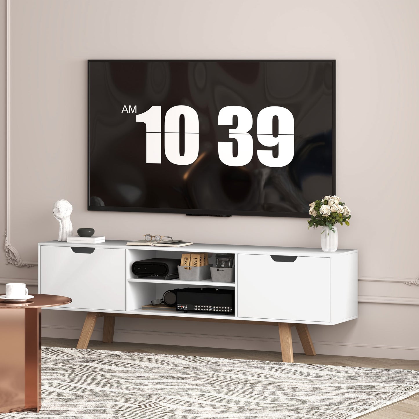 TV-kast – Tv-meubel – Lowboard – Mediameubel – Wandmeubel – Wit – Geschikt voor tv tot 65 inch – Kabelmanagement en ruime opbergladen