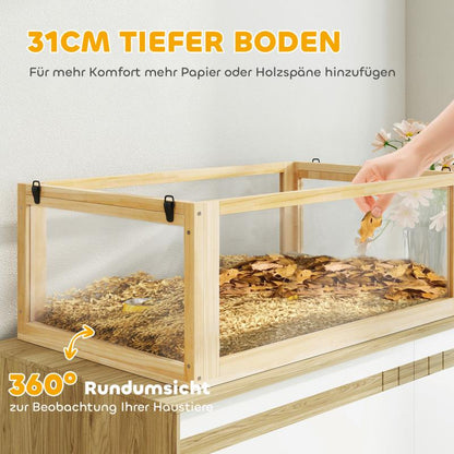 Knaagdierkooi – Hamsterkooi – Gerbilkooi – Muizenkooi – Chinchillakooi – 3-laags Houten Kooi – Ruim Met Loophelling – Natuurlijke Materialen – Goede Ventilatie