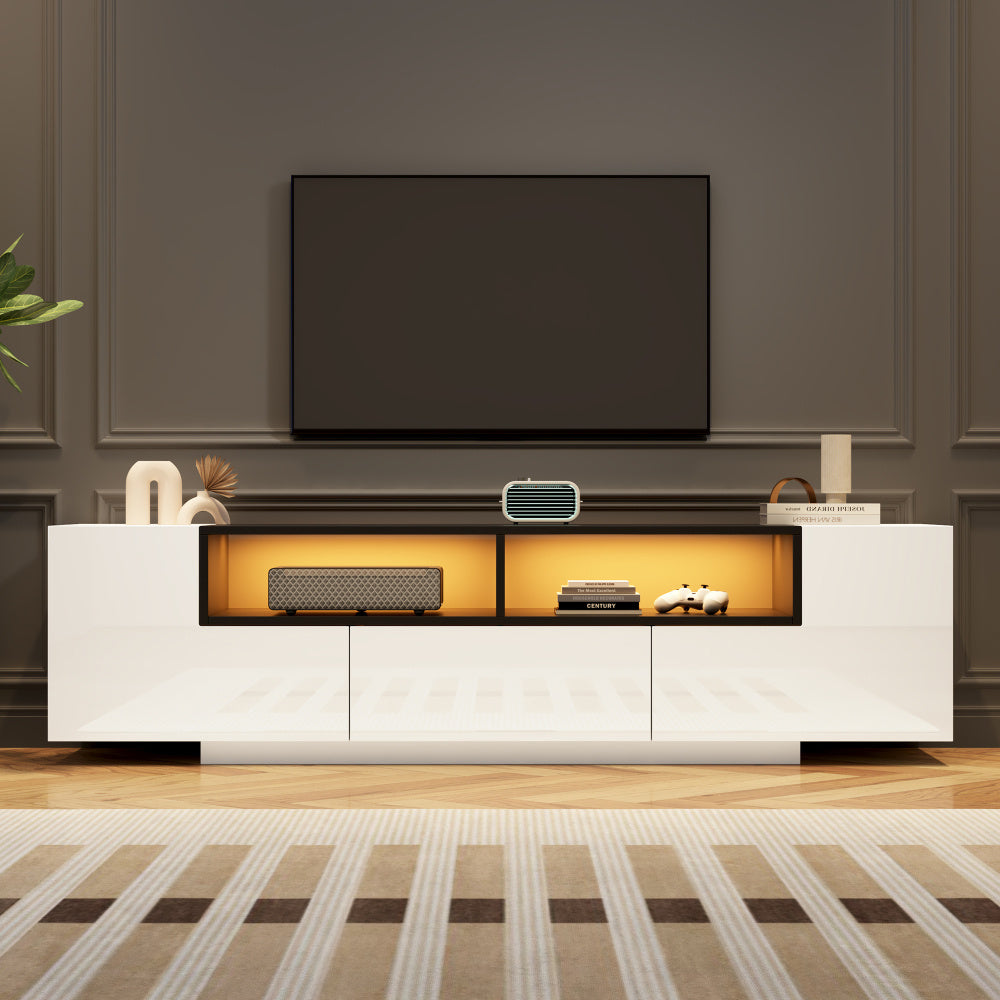 Tv Meubel – TV Kast – TV Dressoir – TV Stand – Entertainment Center – L-vormig Ontwerp – Geschikt voor 75 Inch – Hoogglans Wit Zwart – Vrijstaand Met Opberglades