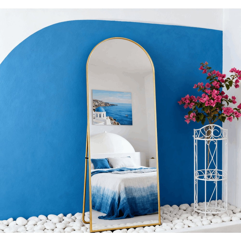 Vloerspiegel – Staande Spiegel – Passpiegel – Wandspiegel – Lengtespiegel – Goud Aluminium Frame – 162 x 53 cm – Gebogen Design