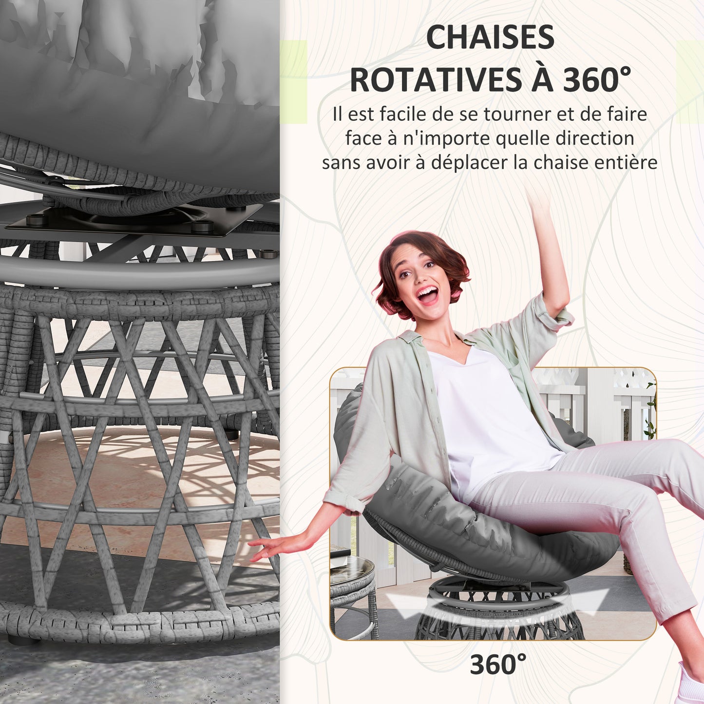Tuinset – Tuinmeubelset – Loungeset – Balkonset – Tuinmeubelen – 2 Draaibare Papasan Fauteuils – 1 Ronde Bijzettafel – UV Bestendig Rattan Effect – 360° Draaibare Stoelen met Dikke Kussens